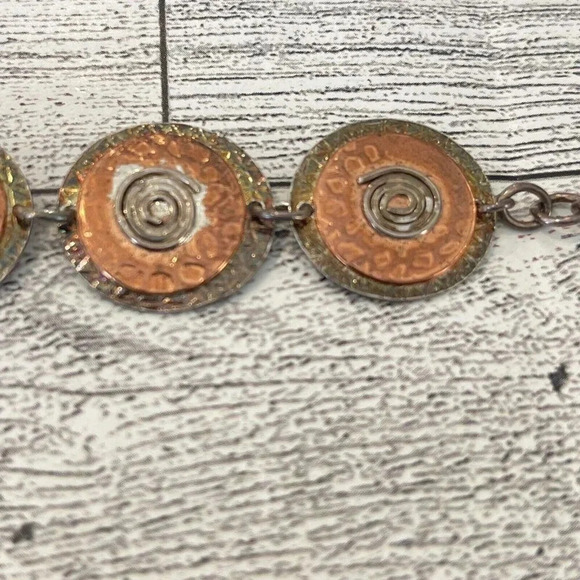 Silver tone and copper Circle Disk toggle bracelet 7 inch - Picture 4 of 6